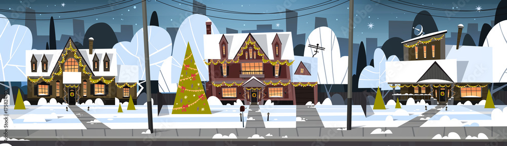 Winter Suburb Town View Snow On Houses With Decorated Pine Tree, Merry Christmas And Happy New Year Concept Flat Vector Illustration