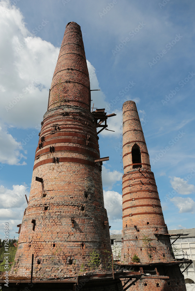 Old brick pipes of factory in Ruskeala, Karelia republic, Russia