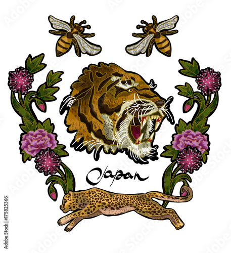 Tiger, bee, leopard and peony flowers embroidery patches for textile design.
