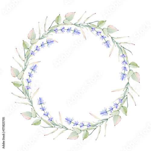 Watercolor vintage floral composition. Lavender circle frame.