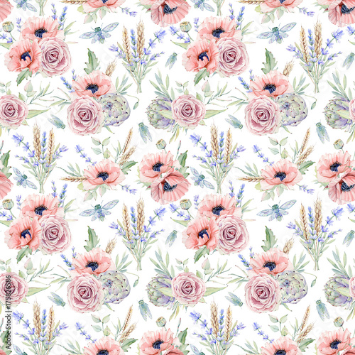 Watercolor seamless pattern with flowers.