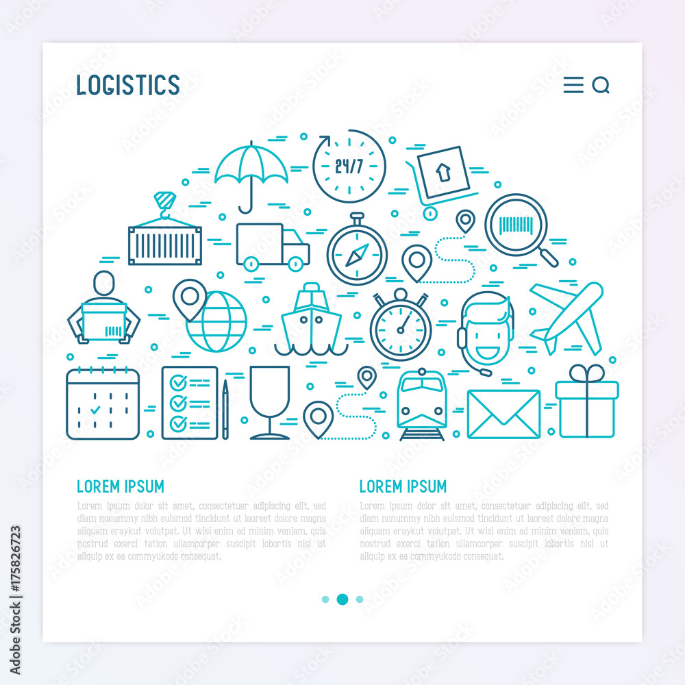 Logistics concept in half circle with thin line icons of delivery, box, airplane, train, marine, crane, globe with pointer. Vector illustration for banner, web page, print media. Logistics concept in half circle with thin line icons of delivery, box, airplane, train, marine, crane, globe with pointer. Vector illustration for banner, web page, print media.