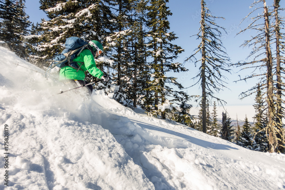 Woman skier rides through powder snow to the mountains. Winter sports freeride