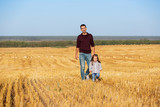 Happy father and 2 year old girl walking in the harvested field