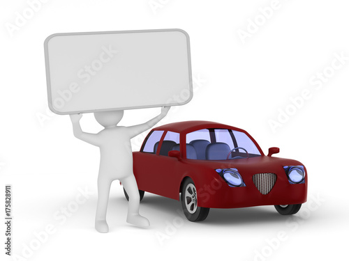 Man with banner and red car...