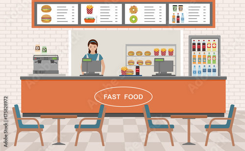 Fast food restaurant interior. Vector illustration. Flat design. 
