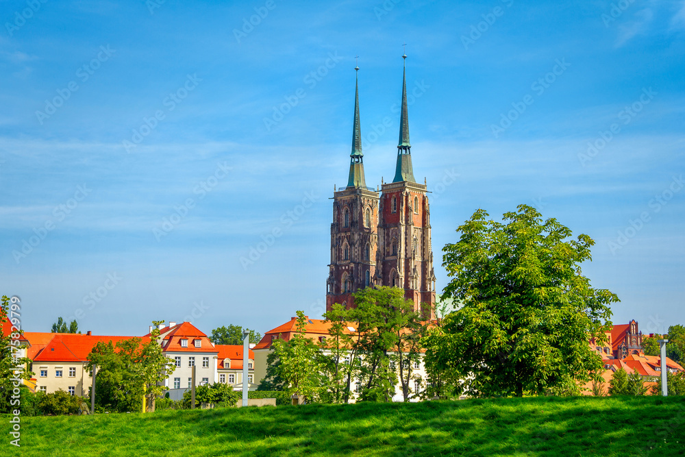 Naklejka premium View of houses and St. John Cathedral towers on Tumski Island with green trees and lawn. Cityscape of Wroclaw, Poland, summer, blue sky.