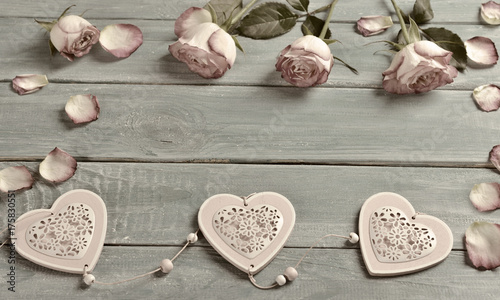 romantic love background  with pink roses and hearts in vintage style