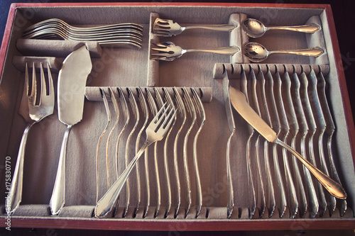 Beautiful vintage silver fish cutlery set for 12 people completed with server flatware photo