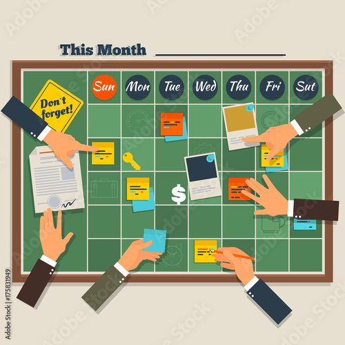 Calendar schedule board with collaboration plan.Scrum methodology task board full of tasks on sticky note cards.Company business team working together planning and scheduling their operationson. 