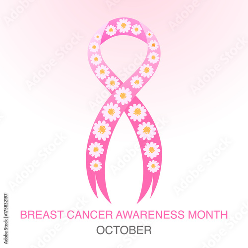 Pink ribbon breast cancer awareness symbol with  daisy flower, vector background