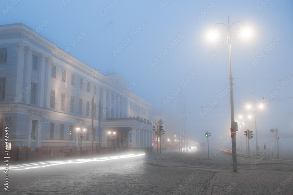 Fototapeta premium Helsinki city hall is cover in thick fog Finland 
