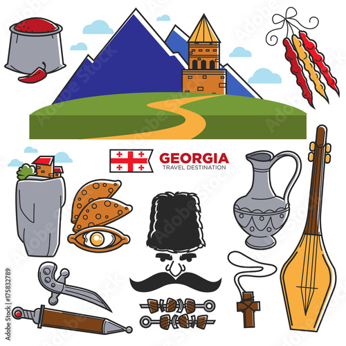 Georgia travel and tourism famous Georgian culture landmarks sightseeing vector icons