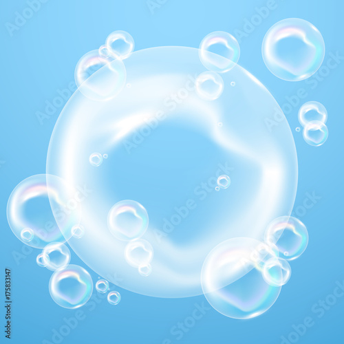 Transparent soap bubbles on blue background, vector
