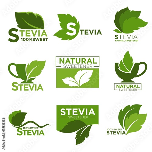 Stevia sweetener sugar natural substitute vector healthy product icons and labels photo