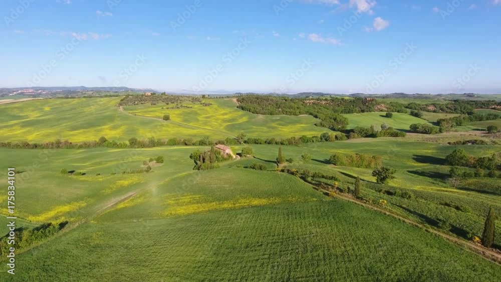Tuscany aerial landscape of farmland hill country at evening. Italy, Europe, 4k
