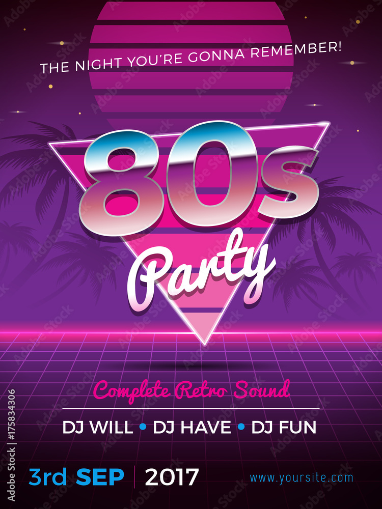 80s party flyer design in retro style Stock Vector
