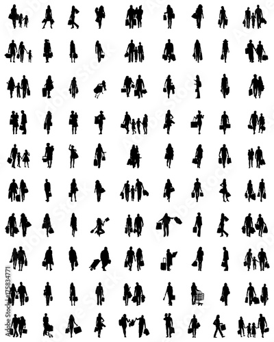 Black silhouettes of people in the shopping on a white background