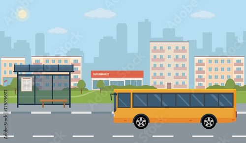 Bus stop and bus on city background. Vector illustration. Flat style concept of public transport.
