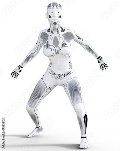Robot woman. White metal droid. Artificial Intelligence. Conceptual fashion art. Realistic 3D render illustration. Studio  isolate  high key.