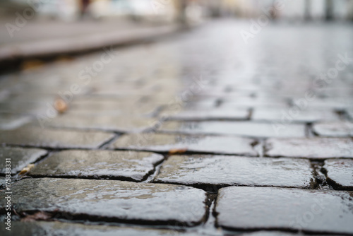 low angle shot of wet old pavement in Tallinn with shallow focus