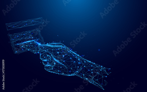 Hand pulling in debit card at ATM from lines and triangles, point connecting network on blue background. Illustration vector