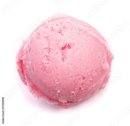 Strawberry ice cream ball isolated on white background, top view