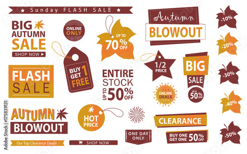 Autumn sale banner set. Flush sale, buy one get one free, vector.