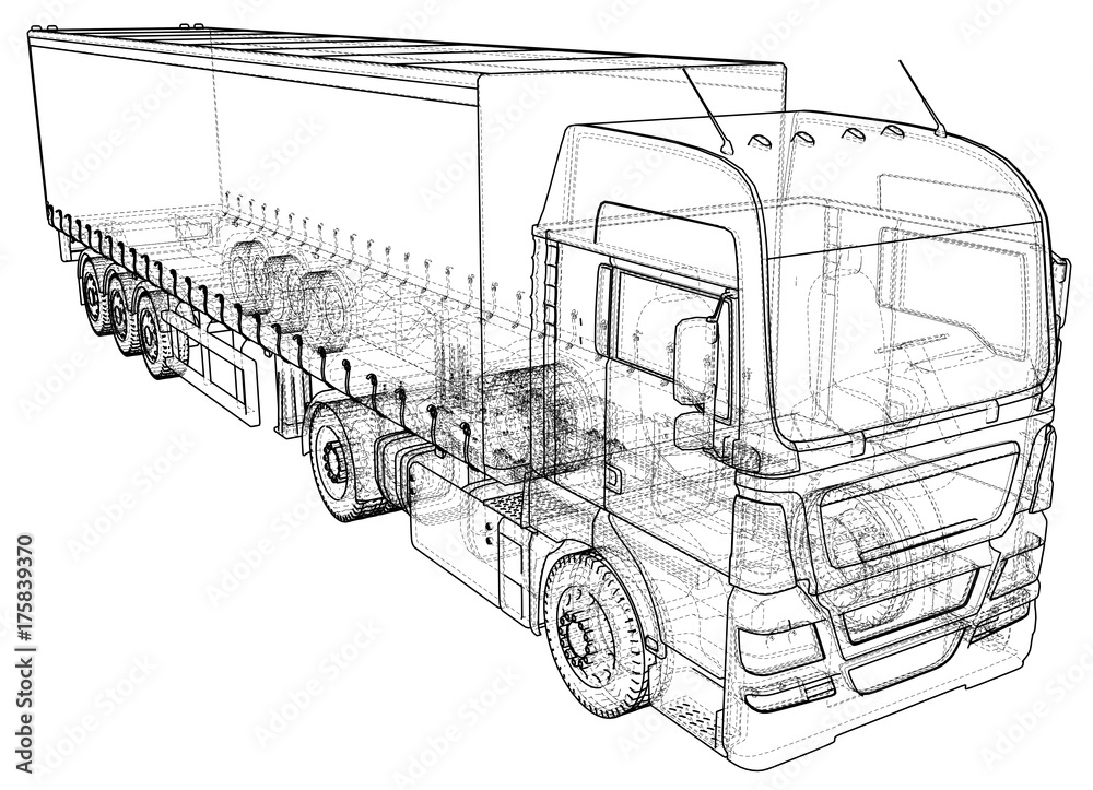 Trailer truck. Abstract drawing. Tracing illustration of 3d
