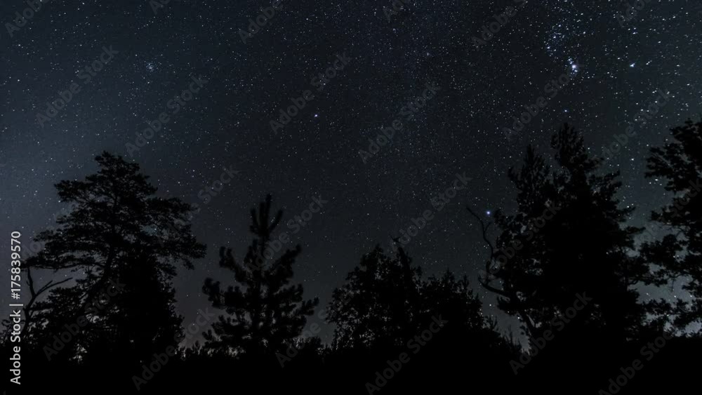 Starry sky and sunrise. Movement of star. Time lapse