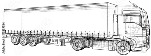 Trailer truck. Abstract drawing. Tracing illustration of 3d