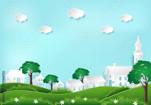 Paper art style illustration of Happiness and peaceful lifestyle in the village background photo
