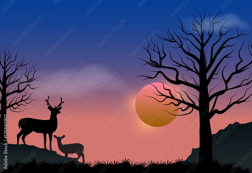 Deer and sunset, autumn season nature background