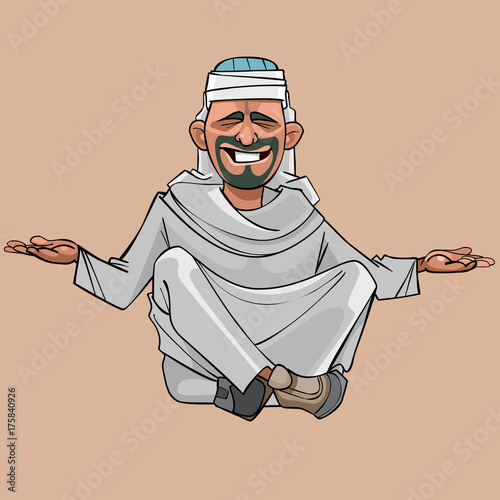 cartoon man in Arab clothes sitting in the Lotus position