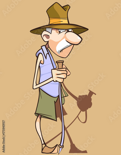 cartoon mustachioed grandfather with the help of sticks to walk