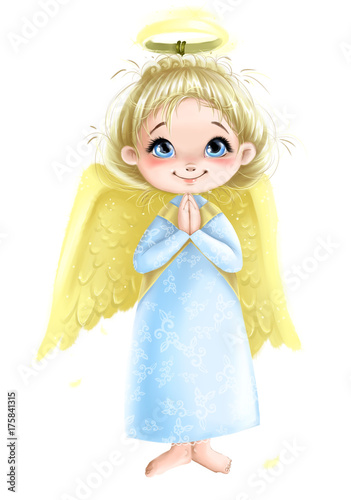 Cute Angel girl with wings praying illustration