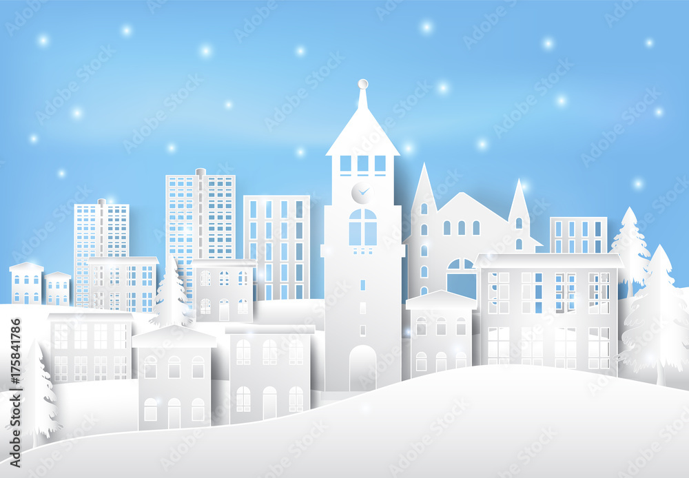 Winter holiday and snow in city town paper art background. Christmas season paper cut style illustration