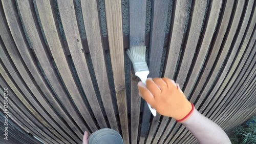 Woman painting wooden fence