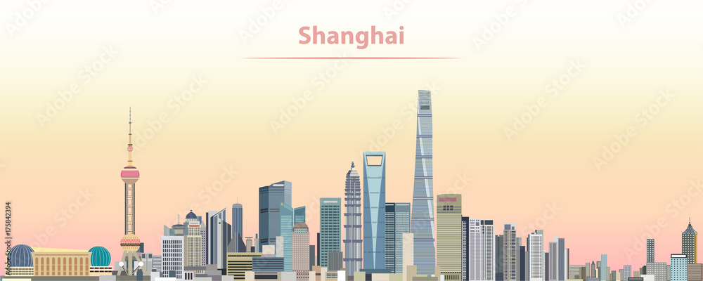 Naklejka premium ilustracji wektorowych panoramę miasta Szanghaj o wschodzie słońca