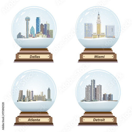 vector set of snow globes with United States city skylines inside
