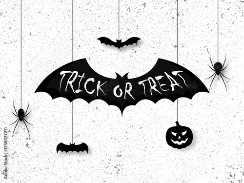 Happy halloween. Trick or treat calligraphy on black bat. Hanging on ropes spiders and pumpkin. Banners party invitation.Vector illustration.