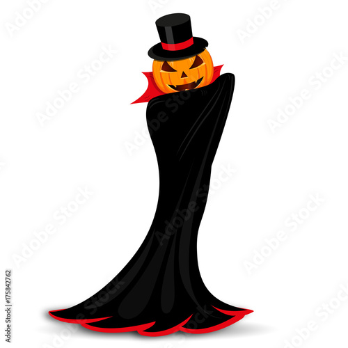 Halloween pumpkin sticker in cloak and vampire hat. Vector illustration. The signs for happy Halloween.
