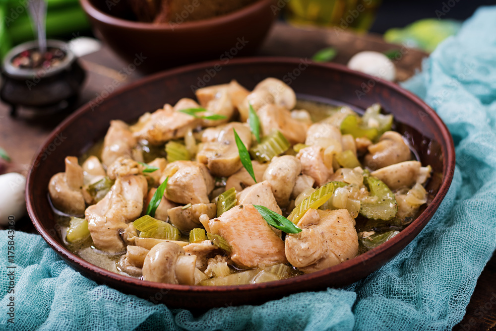 Delicate chicken fillet pieces with mushrooms and celery stewed in light beer