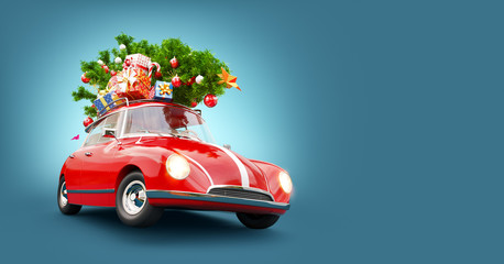 Red Santa's car with gift boxes and christmas tree on the top