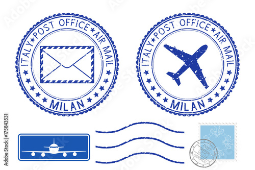 Postmarks MILAN and stamps. Blue postal elements