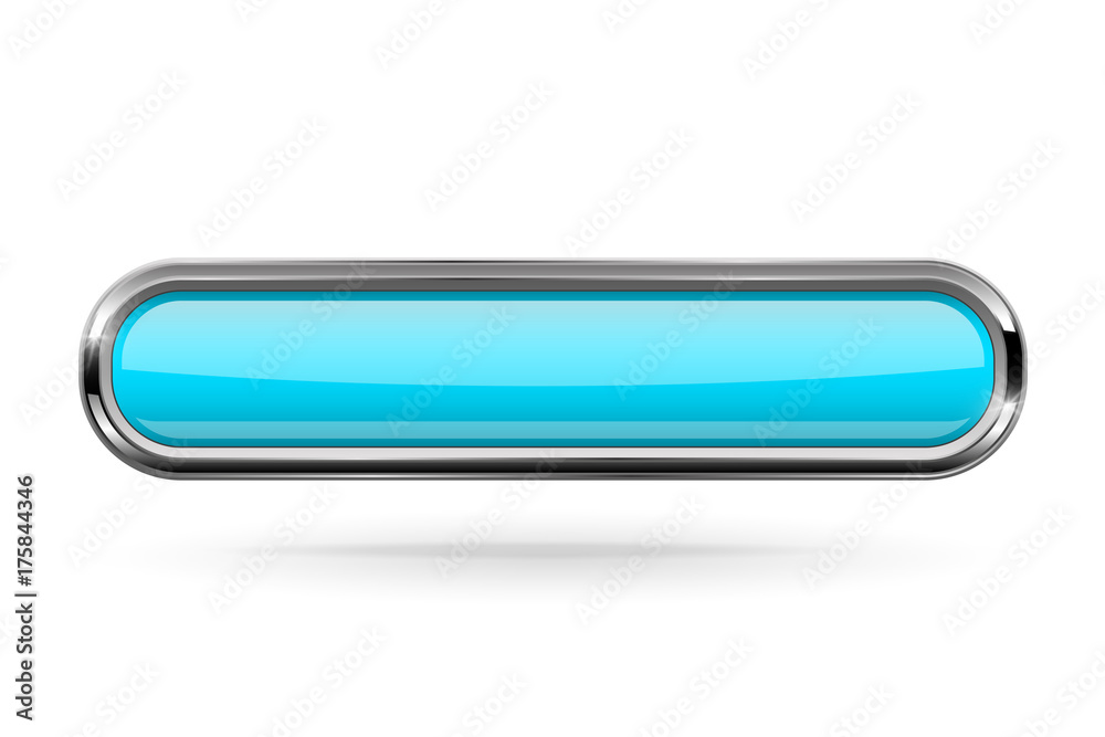 Long rectangle blue button with bold chrome frame. 3d shiny icon Long rectangle blue button with bold chrome frame. 3d shiny icon