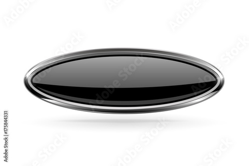 Oval black button with bold chrome frame. 3d shiny icon