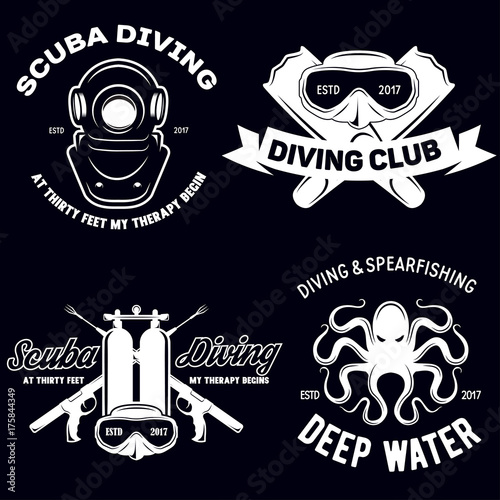 Set of Scuba diving club and diving school badges with design elements. Vector illustration. Concept for shirt or logo, print, stamp or tee.