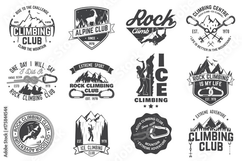 Set of Rock Climbing club badges with design elements.