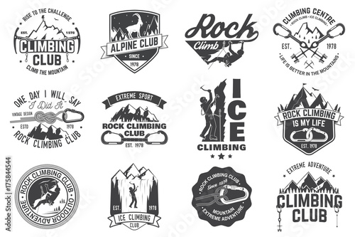 Set of Rock Climbing club badges with design elements.
